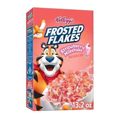 Frosted Flakes Breakfast Cereal, 8 Vitamins and Minerals, Kids Snacks, Strawberry Milkshake, 13.2oz Box (1 Box)