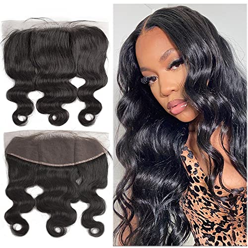 13X4 Frontal Human Hair Pre Plucked Bleached Knots Free Part With Baby Hair Ear To Ear Lace Frontal Only High Density Swiss Lace Body Wave Malaysian Virgin Real Human Hair Cheap Natural Color 18 Inch