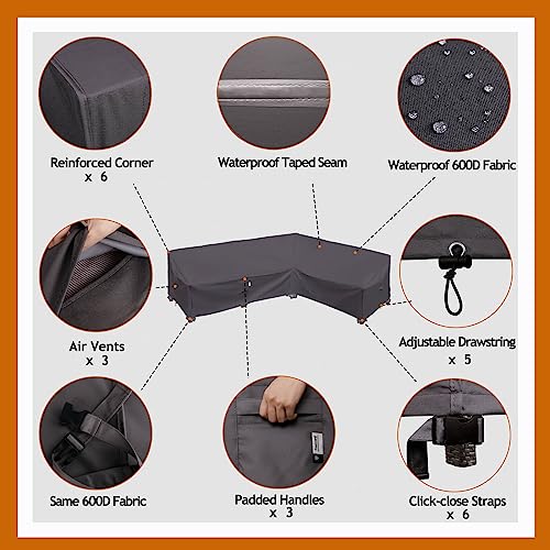 Flexiyard Heavy Duty Outdoor Sectional Sofa Cover, 120"X90" L-Shaped Waterproof 600D Patio Furniture Covers, Lawn Patio Couch Protector(Storm Grey, L-Shaped-Right Facing-120 x90) - Thumbnail 4