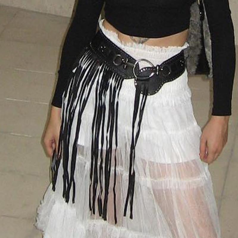 Women Sexy Y2k Punk PU Leather Western Boho Tassel Rivet Belt for Concert Nightclub3