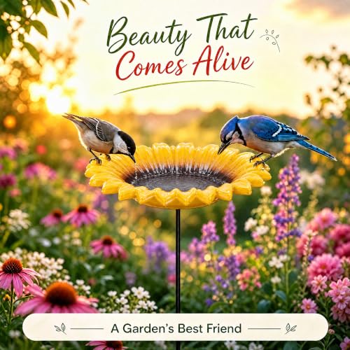 MIXXIDEA Sunflower Bird Bath&Birdfeeder for Small Birds Outdoors Mtal Flower Bird Bath Bowl Stick into Ground Cute Tray Feeders for Outdoor Garden Decoration for Bird Lovers by MIXXIDEA - Used condition - Image 4
