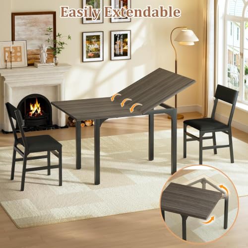 Image of HUAHUU 5-Piece Dining Table Set for 4, Extendable Kitchen Table Set with 4 Upholstered Cushion Chairs, Rectangle Table with Metal Frame & MDF Board, Folding Space-Saving for Small Apartment, Gray