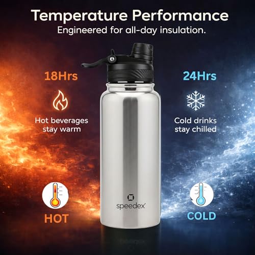 Image of Speedex Vacuum Insulated Stainless Steel Water Bottle 1 Litre (1000ml / 1L / 1 LTR) with 2-in-1 Lid (Straw & Spout), Hot & Cold Leakproof Thermosteel Travel Flask for Office, Gym & School (Silver)