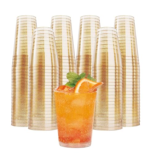 ZkateTrade 50 Stück Hartplastik Plastikbecher mit Goldglitter 360ml Kunststoff Trinkbecher Mehrweg Transparent Partybecher für Party Hochzeiten Geburtstag