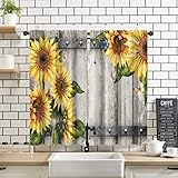 Miyotaa Wooden Barn Door Kitchen Curtains 2 Panels 27.5W x 39H Rod Pocket Wood Sunflower Farm Farmhouse Country Retro Western Polyester Small Short Window Drapery Treatment Cafe