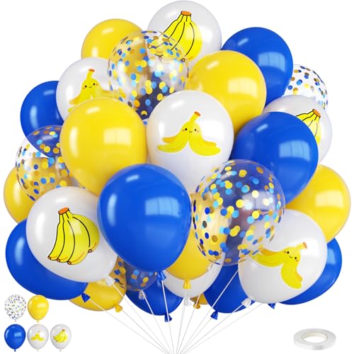 Blue and Yellow Balloons 12 Inch Banana Print Blue Yellow Gold Confetti Balloon with Ribbon for Birthday Baby Shower Party Decorations