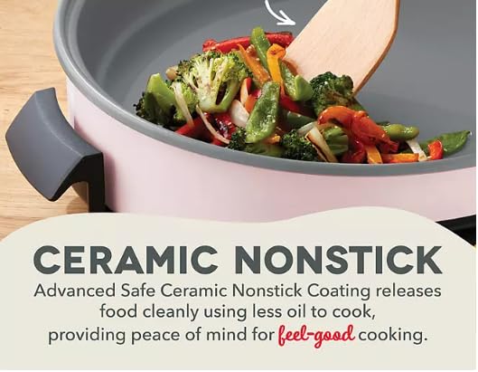 Electric Skillet with Glass Lid, 14-Inch Ceramic Nonstick Surface, 4-Quart Capacity (Pink)