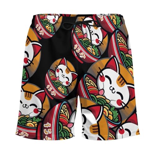 Japanese Cat Eating Ramen Mens Swim Trunks with Quick-Drying Lining Beach Shorts for Outdoor Sports3