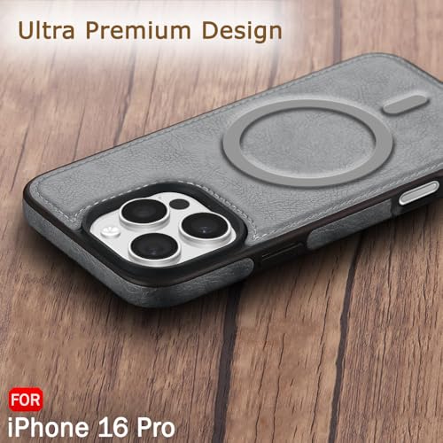 Image of TheGiftKart Genuine Leather Finish Back Cover Case for iPhone 16 Pro | Shockproof Design | Raised Edges for Camera & Screen Protection | Stunning Minimalist Design Cover (MagSafe Compatible, Grey)