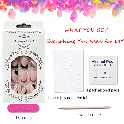 French Tip Press On Nails Pink Acrylic Glossy Fake Nails Medium Length Square Full Cover Glue On Nails Stick On Nails Gold Foil Stripe False Nails With Designs For Women Girls Nail Decorations 24Pcs #TOP6