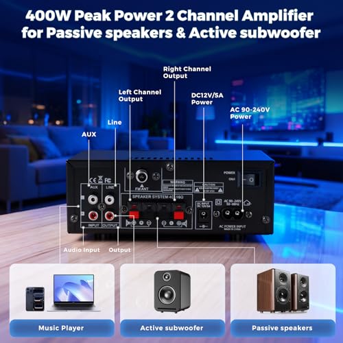 AK50 Amplificateur Audio Stéréo, 2.0 canaux, Bluetooth 5.0, Radio FM, Echo, Lecteur USB/SD, Micro inputs, Télécommande - Idéal pour Home Cinéma et Salon – Image 4