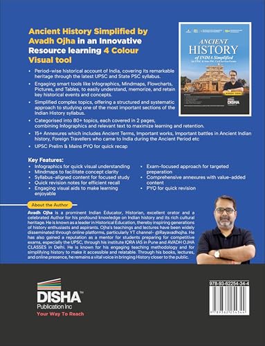 Image of Disha Ancient History of India Simplified by Avadh Ojha for UPSC & State PSC Civil Services Exams | 4 color Book Powered with Infographics, Mindmaps, Pictures & Tables