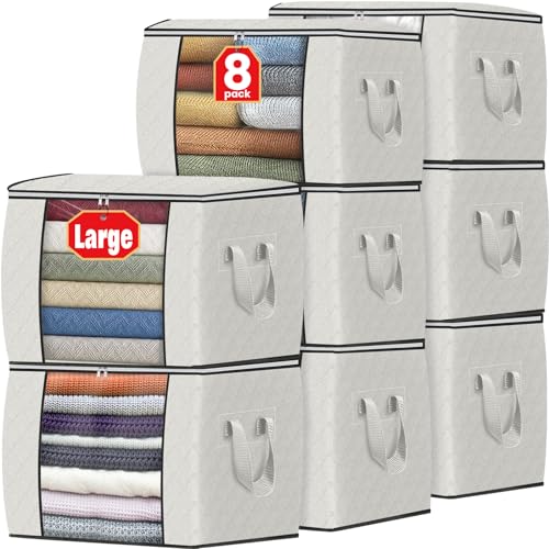 Image of Fab totes 24 Gallons Clothes Storage, Foldable Thick Fabric Blanket Storage Bags, Containers for Organizing Bedroom, Closet, Clothing, Comforter, Organization with Handle (10 Pack,Ivory)