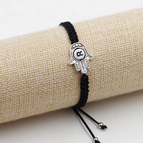 Image of Uloveido Customized A to Z 26 Letters Hand of Fatima Bracelet - Fatima Hamsa Hand Evil Eye Protection Bracelet Lucky Charm Adjustable Braided Black String