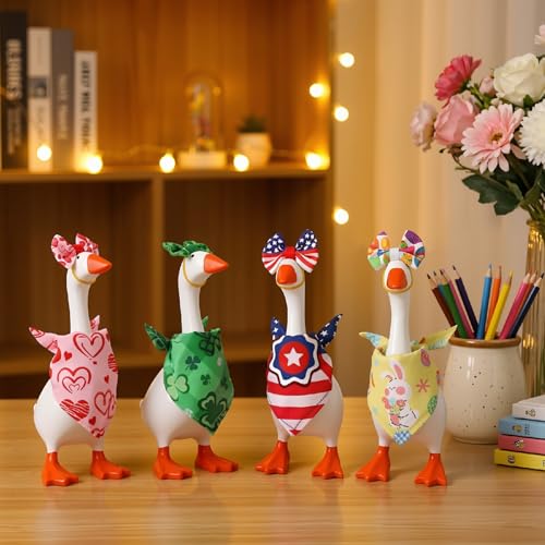 JATEBI 4 Set 7 Inch Holiday Desk Goose Outfits with Headscarf & Bow Cute Decoration for Valentine\'s Day & 4th of July, Magnetic Desk Goose Clothes Costume Accessories for Home Office Decor