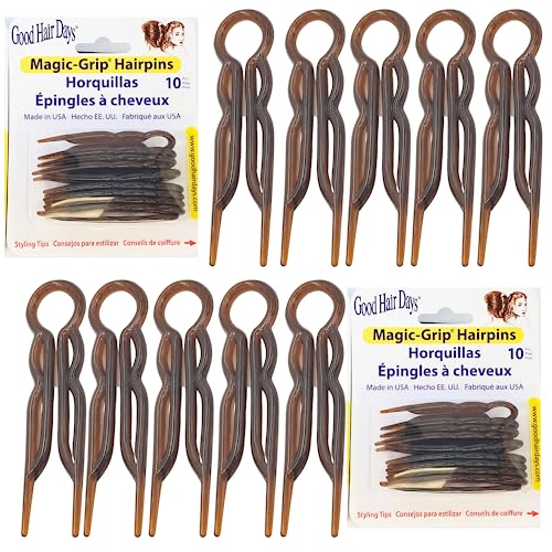 Good Hair Days Magic-Grip Hairpins - 2 1/2 U-Shaped Grip Hair Pins for Fine Thick Curly & Long Hair Invisible Strong Hold Hair Styling Accessories Set of 20 USA-Made (Tortoise Shell)