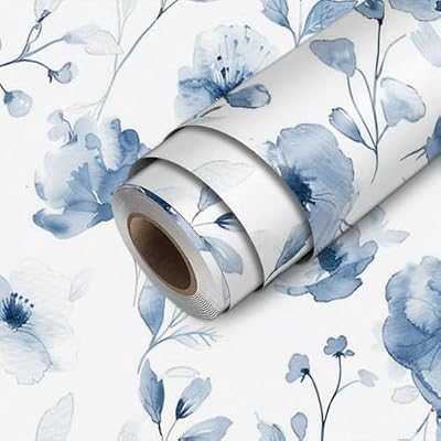 HOMETITUTE Blue Watercolor Floral Wallpaper Peel and Stick Flower Contact Paper Marble Wall Paper Stick 118.1" x 17.7" Removable Self Adhesive Vinyl Wall Covering for Bedroom Study Living Room Decor