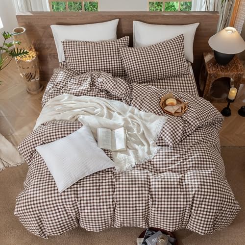 Image of MooMee Gingham Duvet Cover Set 100% Washed Cotton Linen Like Textured Breathable Durable Soft Comfy Modern Checkered Design (Classic Gingham Cocoa Brown, Queen 90 inchx90 inch)