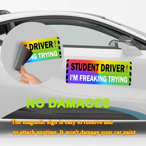 Image of 3 Pack Student Driver Magnet for Car, Magnetic Student Driver Sign for Vehicle, Reflective Warning Bumper Sticker Magnet Sign for New Driver, 10 inch x 4 inch (Rainbow-BlackWhite)