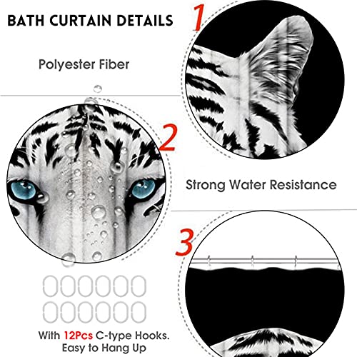 4 Pcs White Tiger Shower Curtain Sets With Non-Slip Rug, Bathroom Decor Sets Shower Curtain Toilet Mat Lid With 12 Hooks,Animal Print Bathroom Set Polyester Shower Curtain Set ,71" X 71" #TOP2