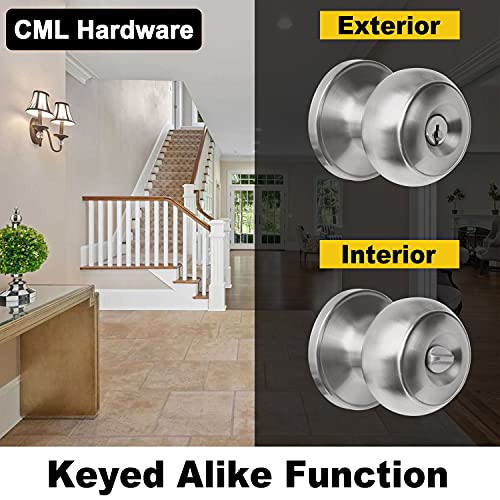 Cml Hardware (3 Pack) Keyed Alike Entry Door Knob, Exterior Door Lock With Same Keys In Solid Stainless Steel For Entrance And Front Door, Round Ball Handle #TOP1