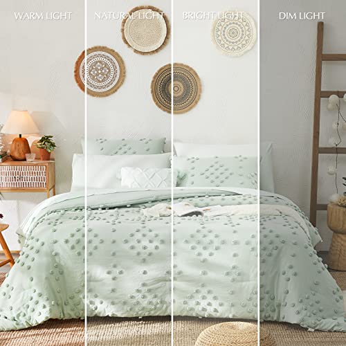 Image of Geniospin Girls Full Size Comforter Sets - 7 Pieces Pom Tufted Bed in a Bag | All Season Shabby Chic Full Size Bedding Sets with Comforter, Sheets, Pillowcases & Shams, Sage Green