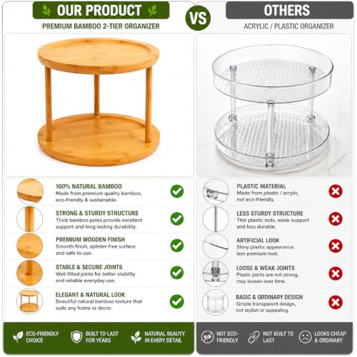 Image of Curated Cart Lazy Susan Organizer for Kitchen, 2 Tier Rotating Tray, 360 Bamboo Turntable, Dining Table Organizer for Home, Oil Bottle Organizer Stand, Kitchen Countertop & Spice Storage Organizer