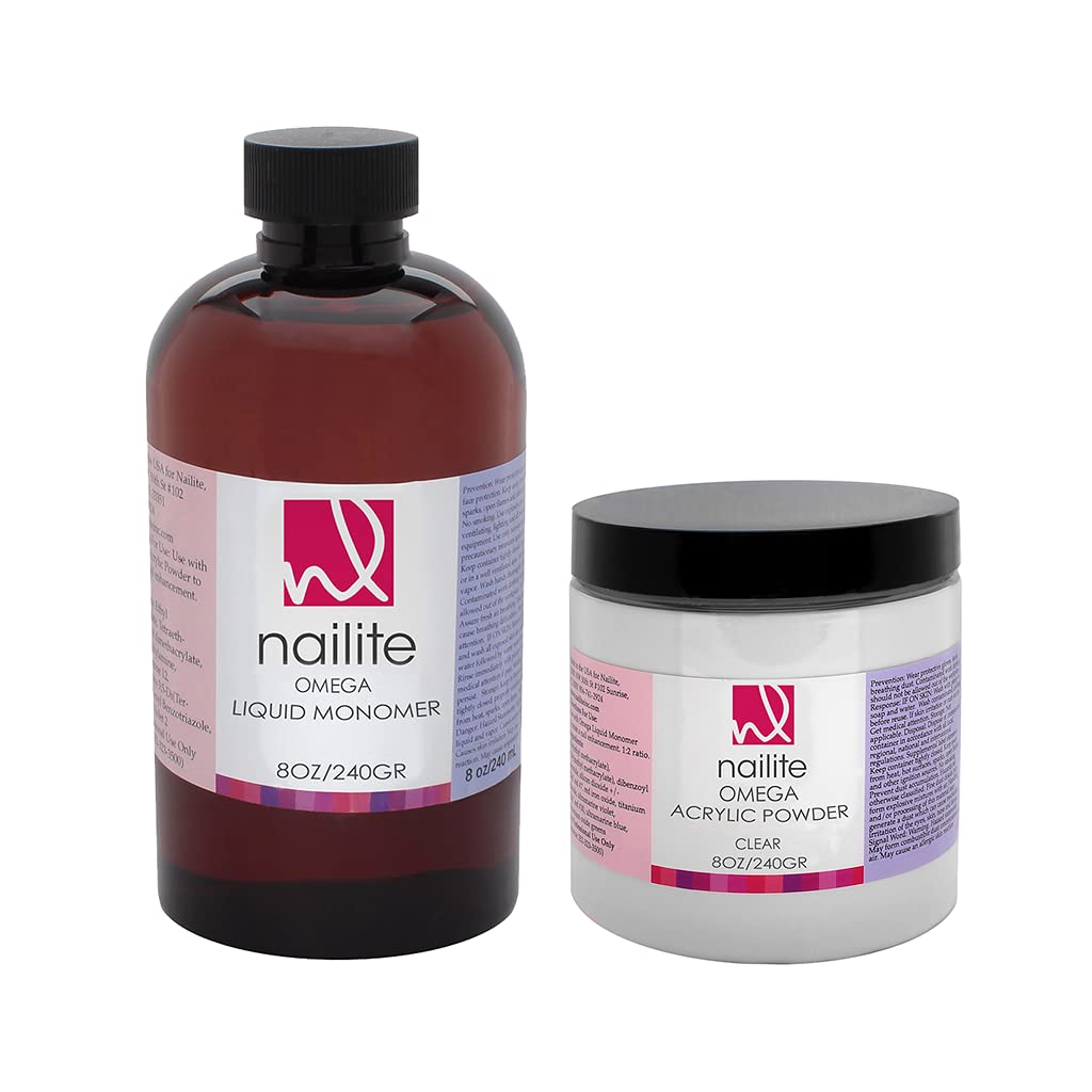 Omega Liquid Monomer + Clear Acrylic Powder - Professional System for Nail Extension, Non-Yellowing Effect, EMA Formula and Extra Adhesion – Kit 8 Oz.