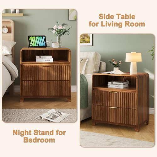 Image of Night Stand Fluted Nightstand with Charging Station, 24 inch Wide Modern Side Table with 2 Drawers and Open Storage Cabinet, Wood Dresser Bedside End Table for Bedroom, Walnut