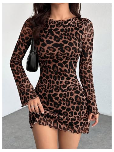 Image of GORGLITTER Women's Y2k Mesh Sheer Leopard Print Mini Dress Concert Outfits | Long Sleeve, Backless, Cheetah Print, Bodycon, Cinch Waisted, Western Outfits, Country Concerts Dress