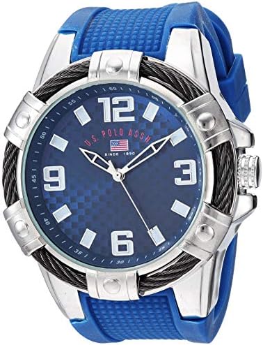 U.S. Polo Assn. Men’s Sport Watch with Blue Textured Strap Large 52mm Case Silver-Tone Bezel and Carbon-Pattern Dial with Bold Numbers and Durable Rubber Band Fits Wrists 5.5"-8", Silver, NOSIZ