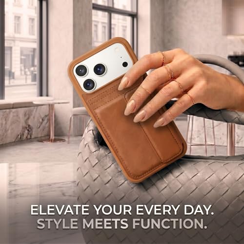 Image of amazon basics Luxury Vegan Leather Back Cover for iPhone 17 Pro Max | Built-in Card Holder Slot | Integrated Mobile Stand | Slim Shockproof Protective Case with Stitched Finish - Tan