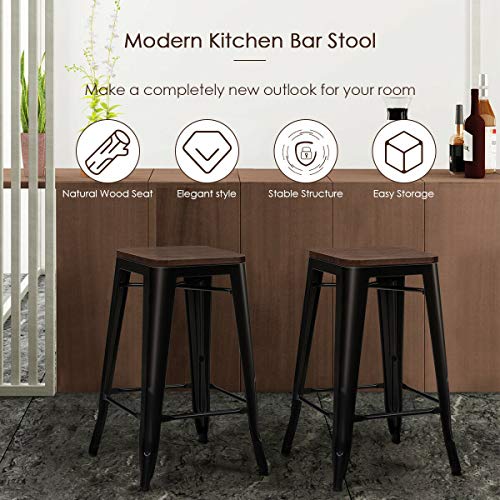 Costway 26 Inch Metal Bar Stool Set Of 4, Counter Height Backless Stool With Wooden Seat, Solid Iron Legs With Footrest, Industrial Stackable Bar Stool For Dining Room, Living Room, Kitchen, Black (4) #TOP4