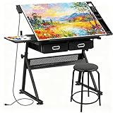 ZENY Adjustable Drafting Table with Stool, Tilting Drawing Desk Artist Table with Storage Drawers, Art Craft Workstation for Home Office Reading, Writing, Crafting (Black-with Outlet)