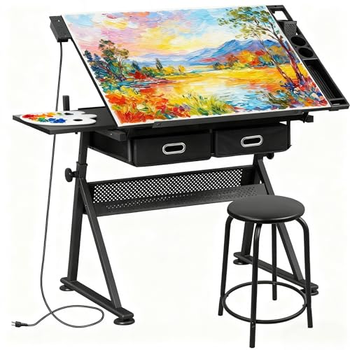 ZENY Adjustable Drafting Table with Stool, Tilting Drawing Desk Artist