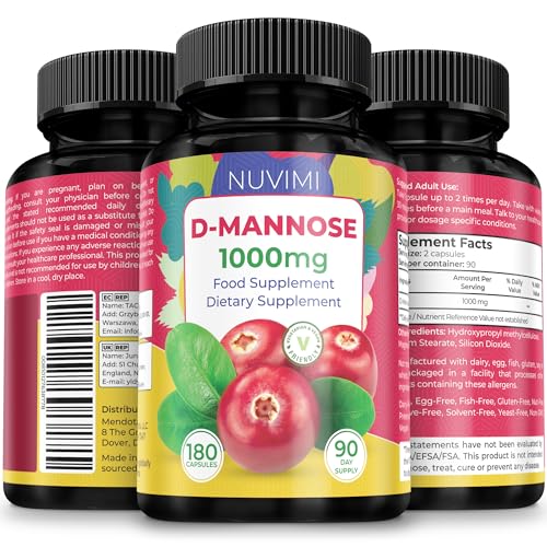 Image of D Mannose 180 Capsules - 1000 mg per Dose - Dietary Supplement | NUVIMI easy-to-swallow vegan capsules helps block bacteria stickiness for urinary health with no chalky powder.
