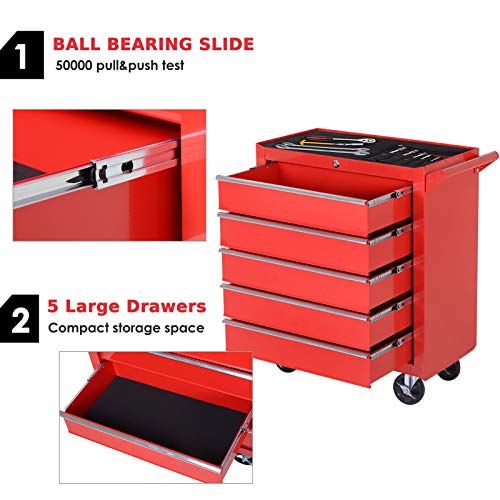 DURHAND Professional 5 Drawer Roller Tool Cabinet Storage Box Workshop Chest Garage 4 Smooth Wheels Wheeling Trolley w/Handle - Red 4 DURHAND Professional 5 Drawer Roller Tool Cabinet Storage Box Workshop Chest Garage 4 Smooth Wheels Wheeling Trolley w/Handle - Red - Image 4