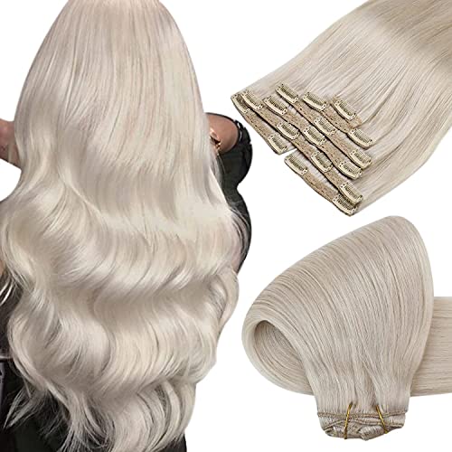 Sunny Clip in Hair Extensions Platinum Blonde 16 inch Remy Human Hair Clip in Extensions #60 White Blonde Clip in Human Hair Extensions Double Weft 7pcs 100g Hair