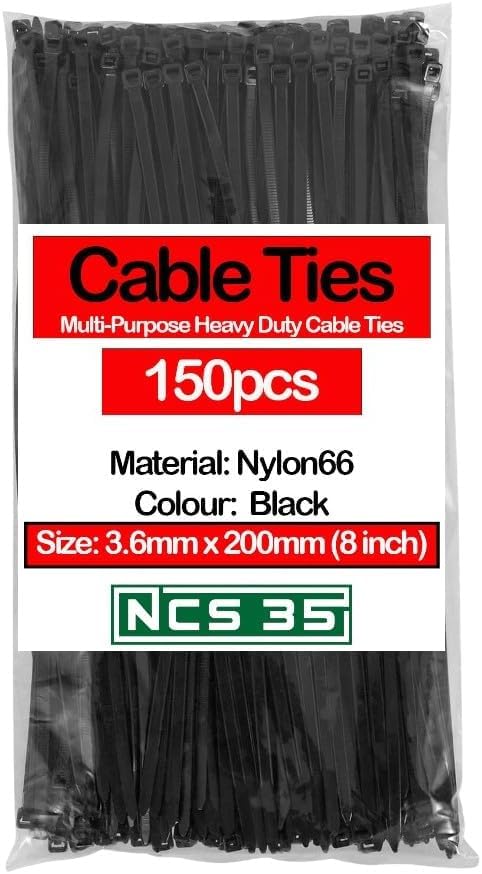 150x Black Nylon Cable Ties (3.6mm×200mm) 8 Inch NCS35® Heavy Duty, Self-Locking,UV Resistant,Multi-Purpose Plastic Cable Managment Tie Wraps18kg Tensile Strength for Electrical,Nylon Strong Zip Ties