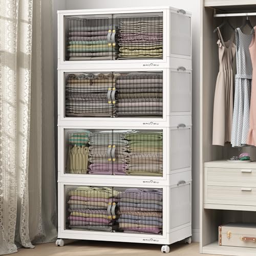 480Qt Stackable Storage Bins with Lid, Extra Large Closet Organizer Collapsible Drawer Boxes with Wheels, Folding Plastic Cabinet Containers for Home Kitchen Room Organization, 4Pack White