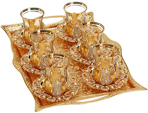 (Set Of 6) Turkish Tea Glasses Set With Saucers Holders Spoons & Tray, Decorated With Swarovski Type Crystals And Pearl,25 Pcs, 3.3 Ounces #TOP5