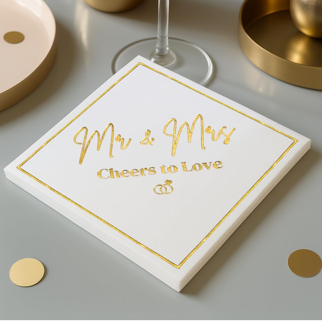 Mr and Mrs Wedding Napkins, Elegant Gold Foil White Paper Cocktail Napkin, Disposable Decorations for Weddings, Receptions, Bridal Showers, Bar, 50 Pack