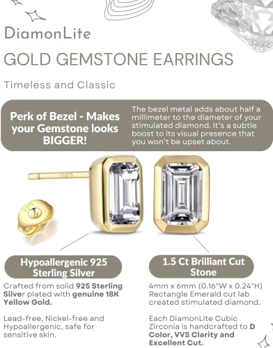 Diamonlite 1.5 Ct Cubic Zirconia Stud Earrings For Women And Men, D Color, Vvs Clarity, Excellent Emerald Cut, 14K Gold Plated 925 Sterling Silver Lab Created Simulated Diamond Earrings - Emerald Cut Mens And Womens Gold Cz Studs #TOP1