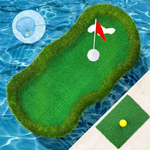 Mosoyolo Floating Golf Green for Pool Large Size 47 x 24 Floating Putting Green for Pool Lake with Ball Retriever & Anti-Drift Ropes for Golfers to Competitive Play and Skill Practice in Outdoor