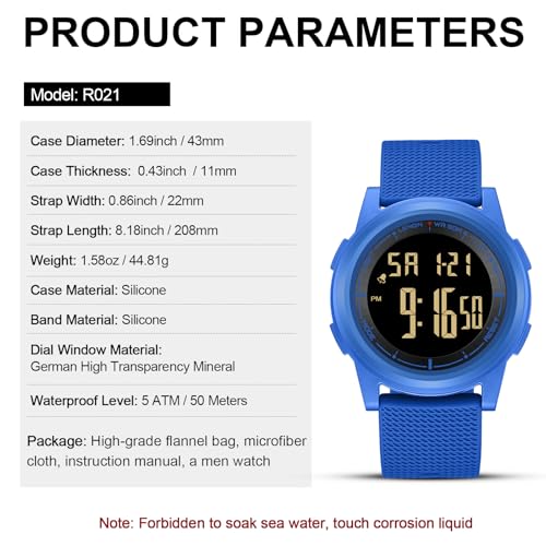 Image of HANPOSH Mens Digital Watch Ultra Thin Minimalist Sports Waterproof Outdoor LED Screen Large Face Wrist Watches for Men with Back Light Alarm Date Stopwatch