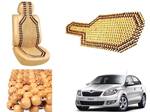 Image of Car Bead Seat Wooden Beads Cushion Cover Pad for Skoda Rapid, Acupressure Sitting Seat Cover | Cream Color - Pack of 1