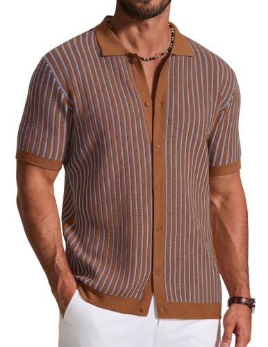 Image of COOFANDY Mens Knit Button Down Shirts Short Sleeve Polo Shirt Vintage Striped Casual Shirts