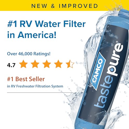Image of Camco Tastepure XL RV Water Filter - Reliable RV Inline Water Filter with Flexible Hose Protector - GAC & KDF Water Filtration - Made in USA - Camping Essentials for Fresh Drinking Water (40019)