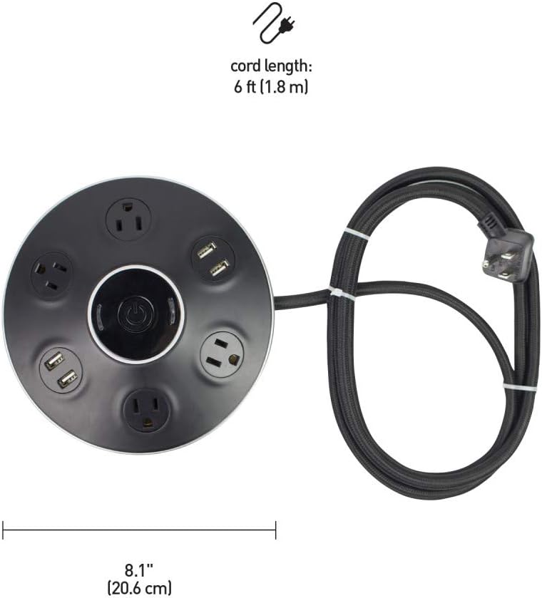 Globe Electric 78525 4-Outlet Black Surge Protector Desktop Power Strip Hub, 4X USB Ports (5V/3.1A), 900 Joules Surge Protection, Right Angle Plug, Central On/Off Button, 6ft Cord, Electronics