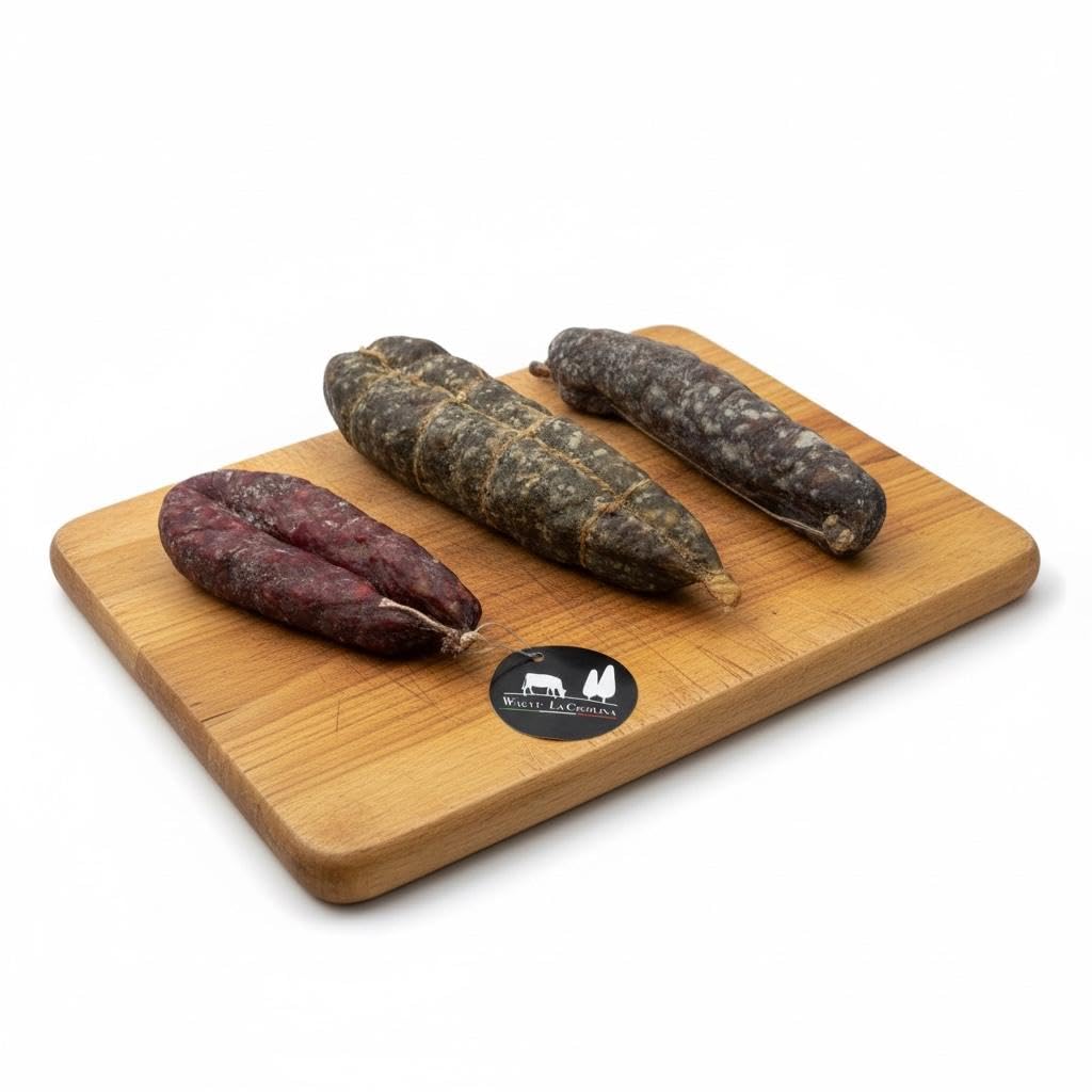 Tris di salami La Cigolina: wagyu, frisona e piccante, confezione da 800g di salumeria artigianale italiana